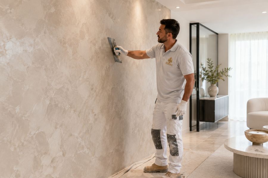 Sydney interior with a polished venetian plaster feature wall behind styled furniture