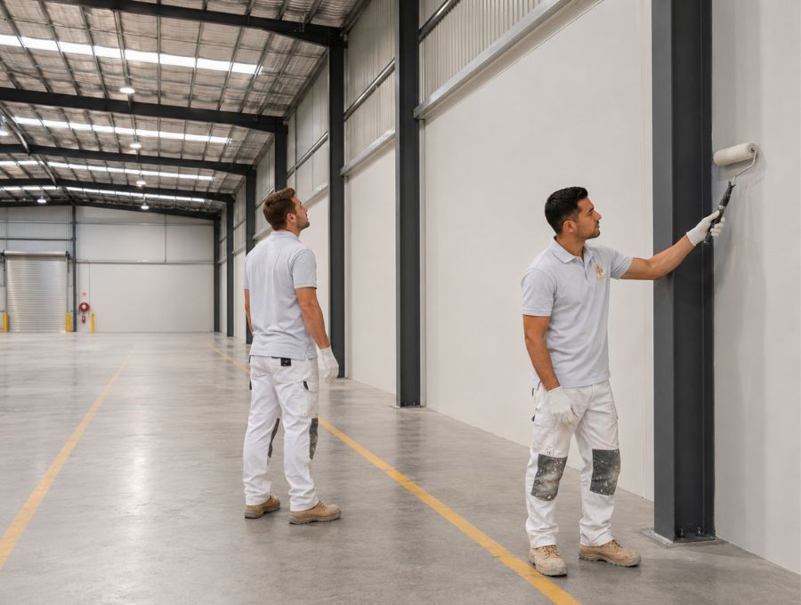Large Sydney warehouse interior with coated walls, structural steel and floor line marking