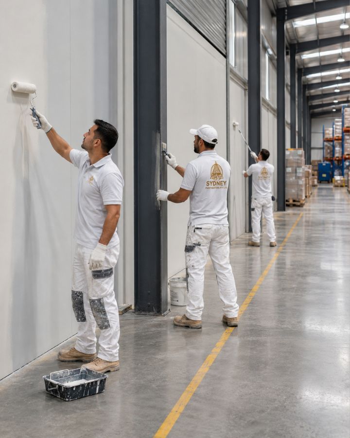 Interior of a large Sydney warehouse with freshly coated walls, steel and floor line marking