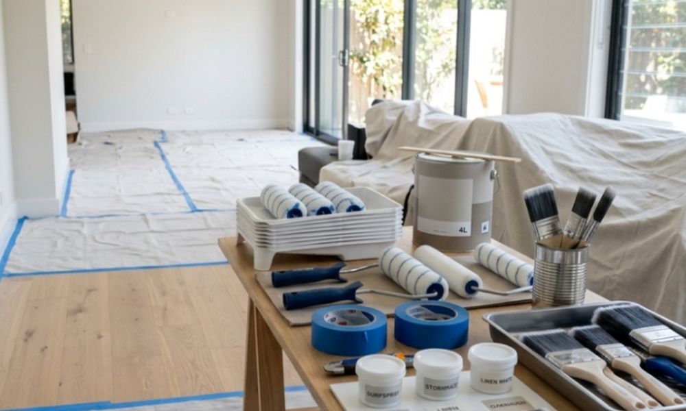 Professional painting preparation setup with tools and protective coverings inside a modern Sydney home