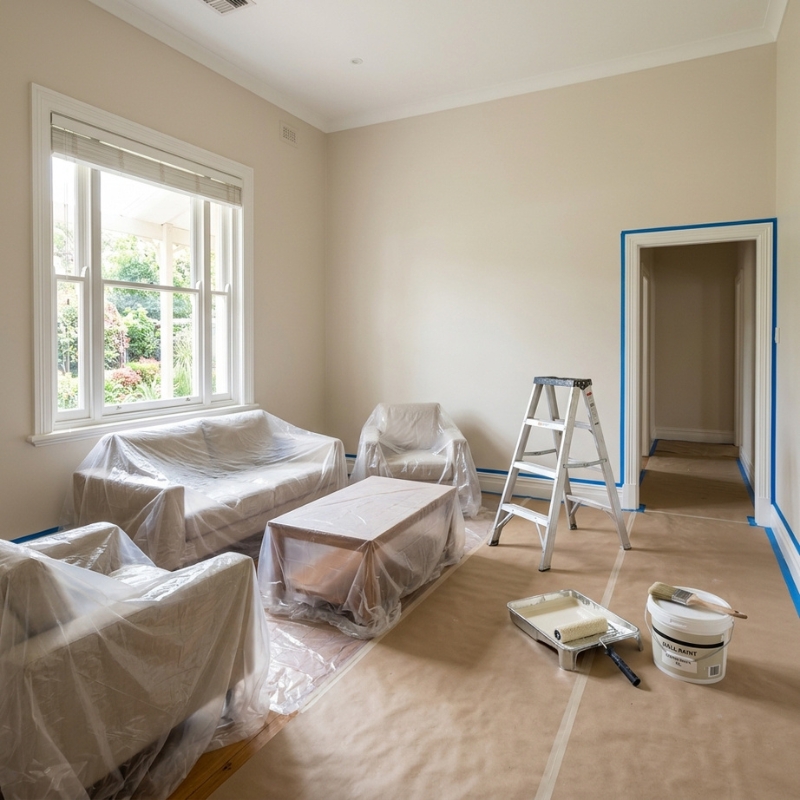 Interior painting preparation with covered furniture, floor protection and painting supplies.