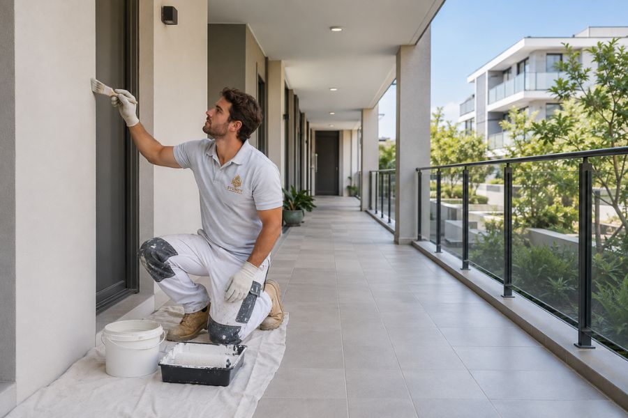 Painter working on a strata building walkway with resident access kept clear