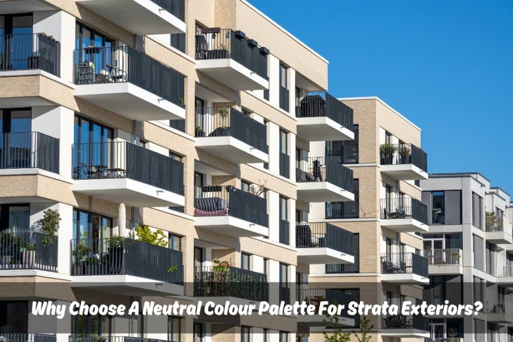 A row of modern apartment buildings with balconies bathed in warm sunlight. The buildings feature a neutral colour palette of beige and cream, which complements the surrounding trees and residential neighbourhood. This image highlights the benefits of using a neutral colour scheme for strata exteriors.