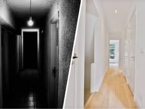 Comparison of a dark hallway with dim lighting and a bright hallway with light paint colour, showing transformation.