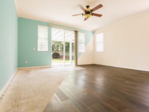 Empty room with fresh two-tone wall paint, ceiling fan, and large sliding glass door highlighting the impact of painting a house.