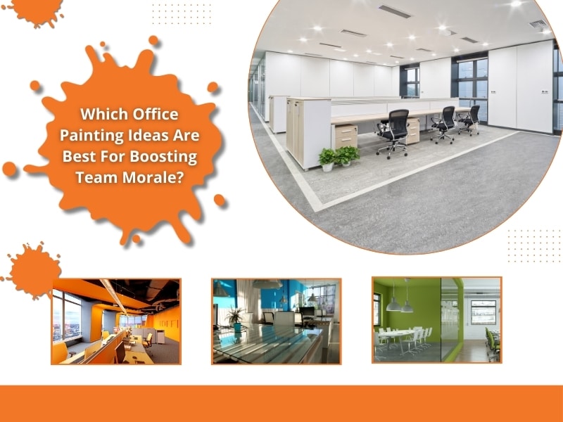 Infographic on office painting ideas to boost team morale, featuring various colourful office designs.