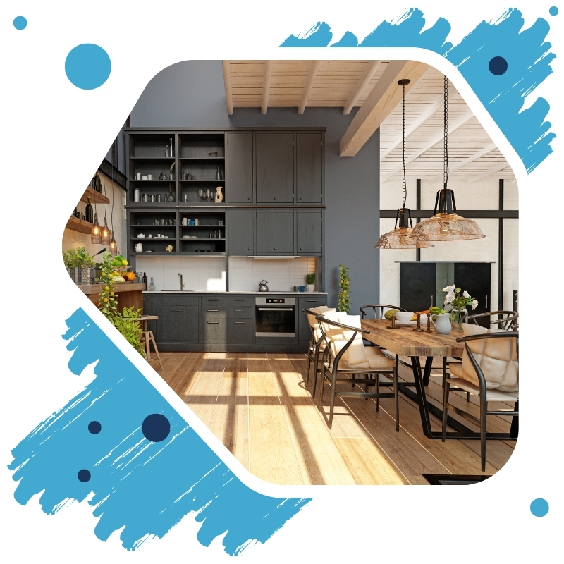 “Stylish Sydney kitchen-dining area with dark cabinets, timber floors and pendant lights, finished by interior painters in Sydney for modern elegance.