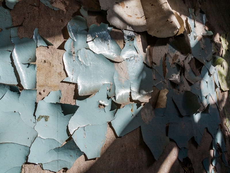 Peeling blue paint on wall caused by poor paint adhesion and environmental exposure.