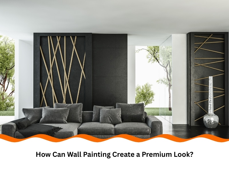 Modern living room showcasing elegant wall painting with geometric wood accents and dark panel textures.