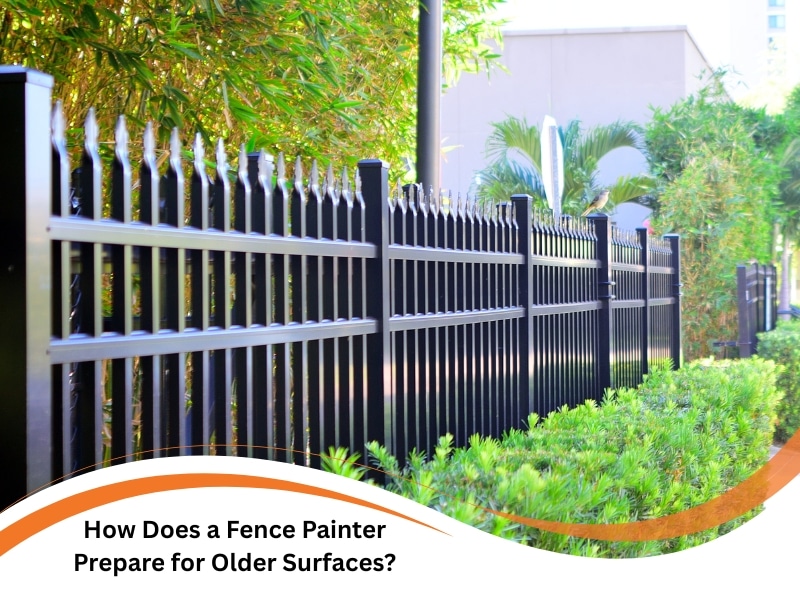Modern black metal fence with decorative spikes freshly painted by a fence painter near lush greenery and buildings.