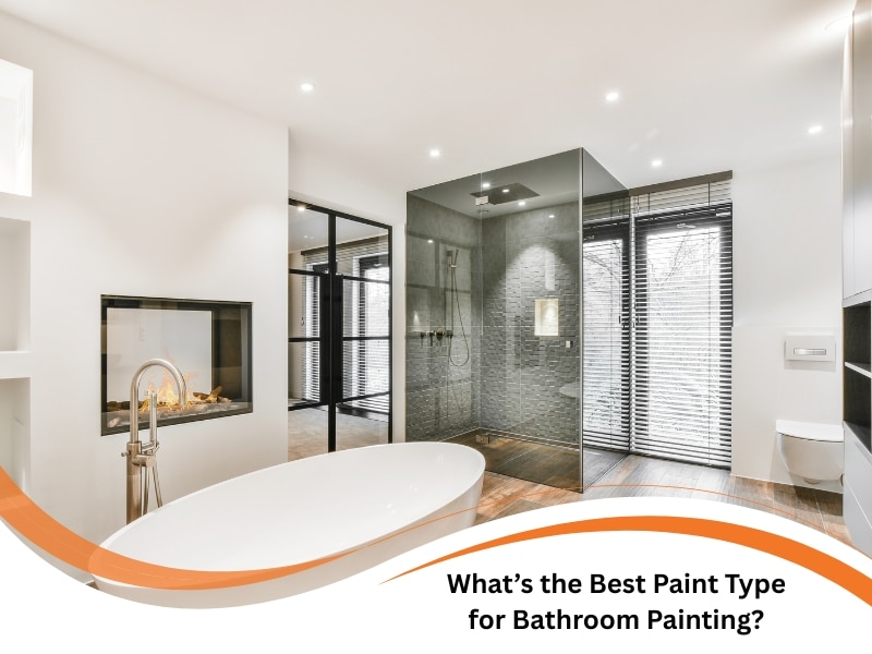 Modern luxury bathroom showcasing ideal setting for bathroom painting with white walls, fireplace, and glass shower enclosure.
