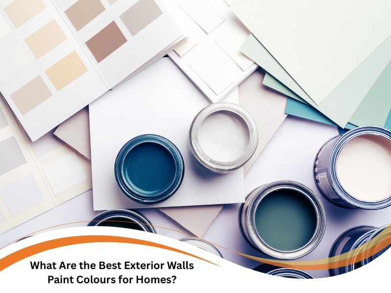 Paint swatches and cans showing a range of exterior walls paint colours for homes