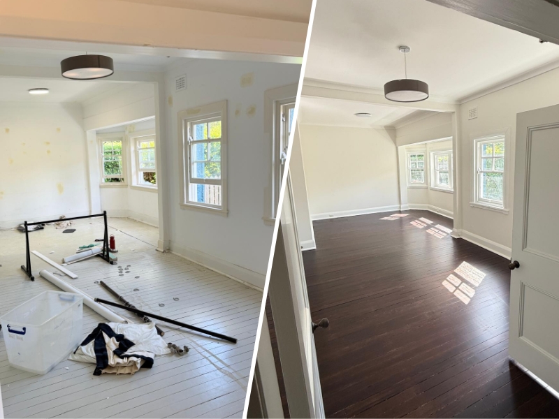 Before and after of a Sydney living room showing how to get house painted for a clean, modern finish