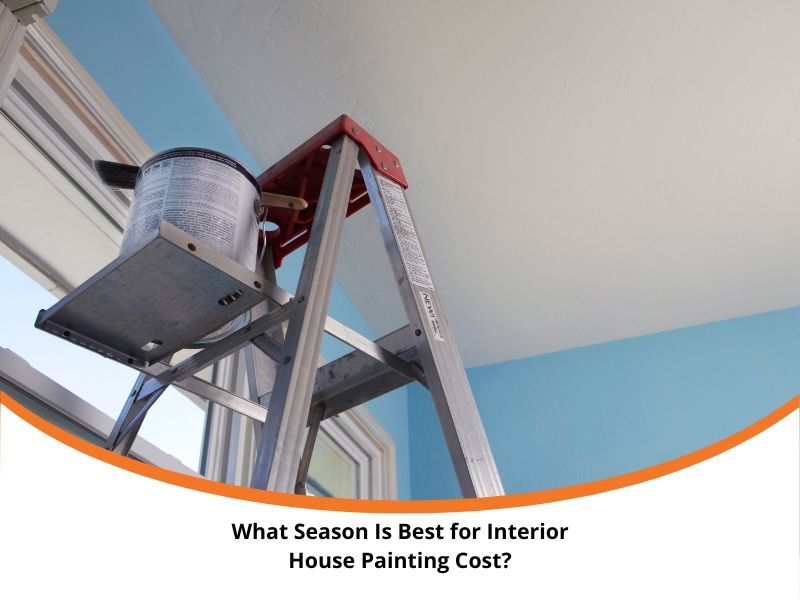 Interior House Painting Cost illustrated by ladder with paint can near ceiling, blue wall and windows