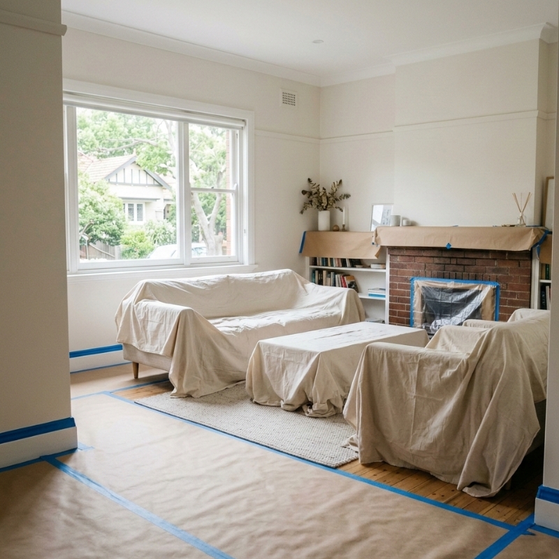 Sydney living room prepared for an interior paint refresh with drop sheets, masked skirting boards, and protected floors.