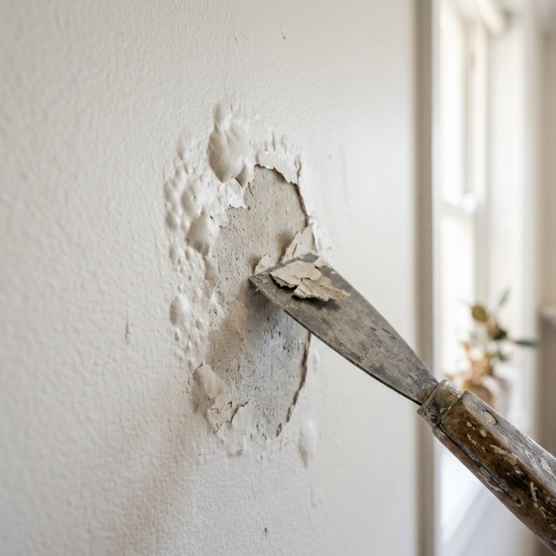 Close-up of bubbled wall paint being scraped for repair in a Sydney home