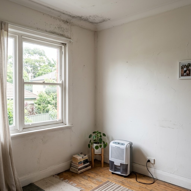 Mould spotting on an interior wall corner near a window in a Sydney home caused by condensation and damp.