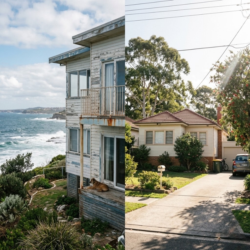 Coastal versus inland Sydney home exteriors showing how salt air and sun exposure change paint durability.