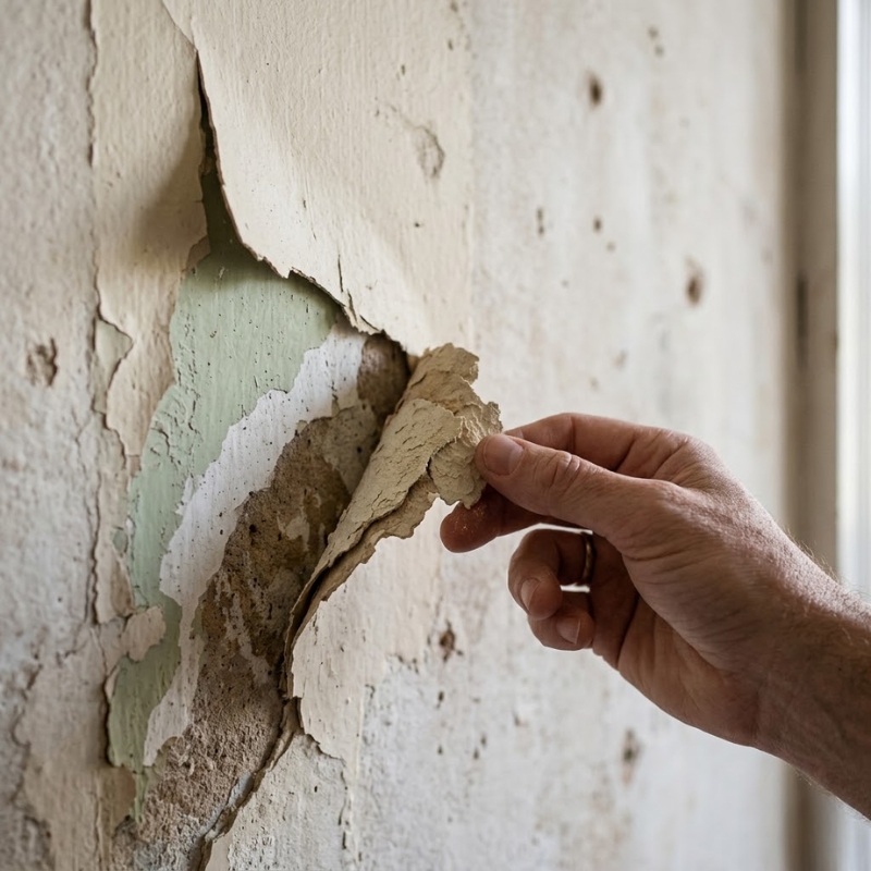 Peeling paint on an interior wall in a Sydney home showing adhesion failure and layers beneath.