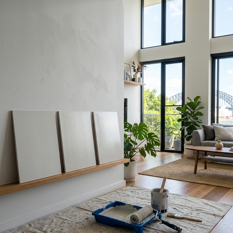 Paint finish sample boards in a bright Sydney living room showing matte, low sheen and satin options