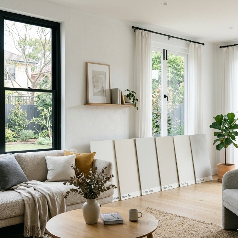Large paint sample boards in a Sydney living room showing undertones in natural daylight.