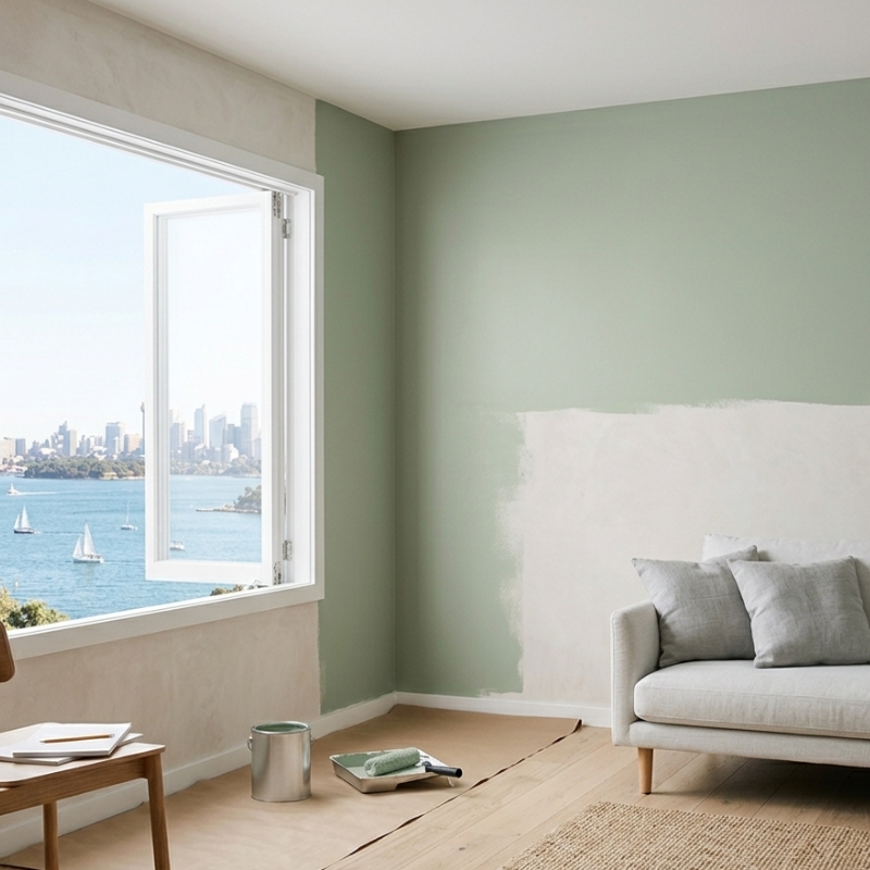 Freshly painted Sydney home interior with low-VOC paint and open windows for improved indoor air quality